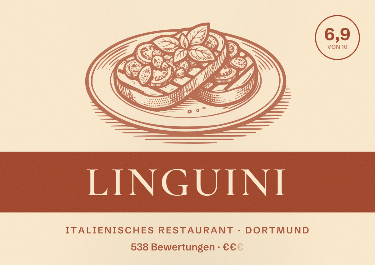 Illustriertes Poster von Linguini, Italienisches Restaurant in Dortmund: Bewertung 6,9 von 10 aus 538 Bewertungen, Preisniveau €€