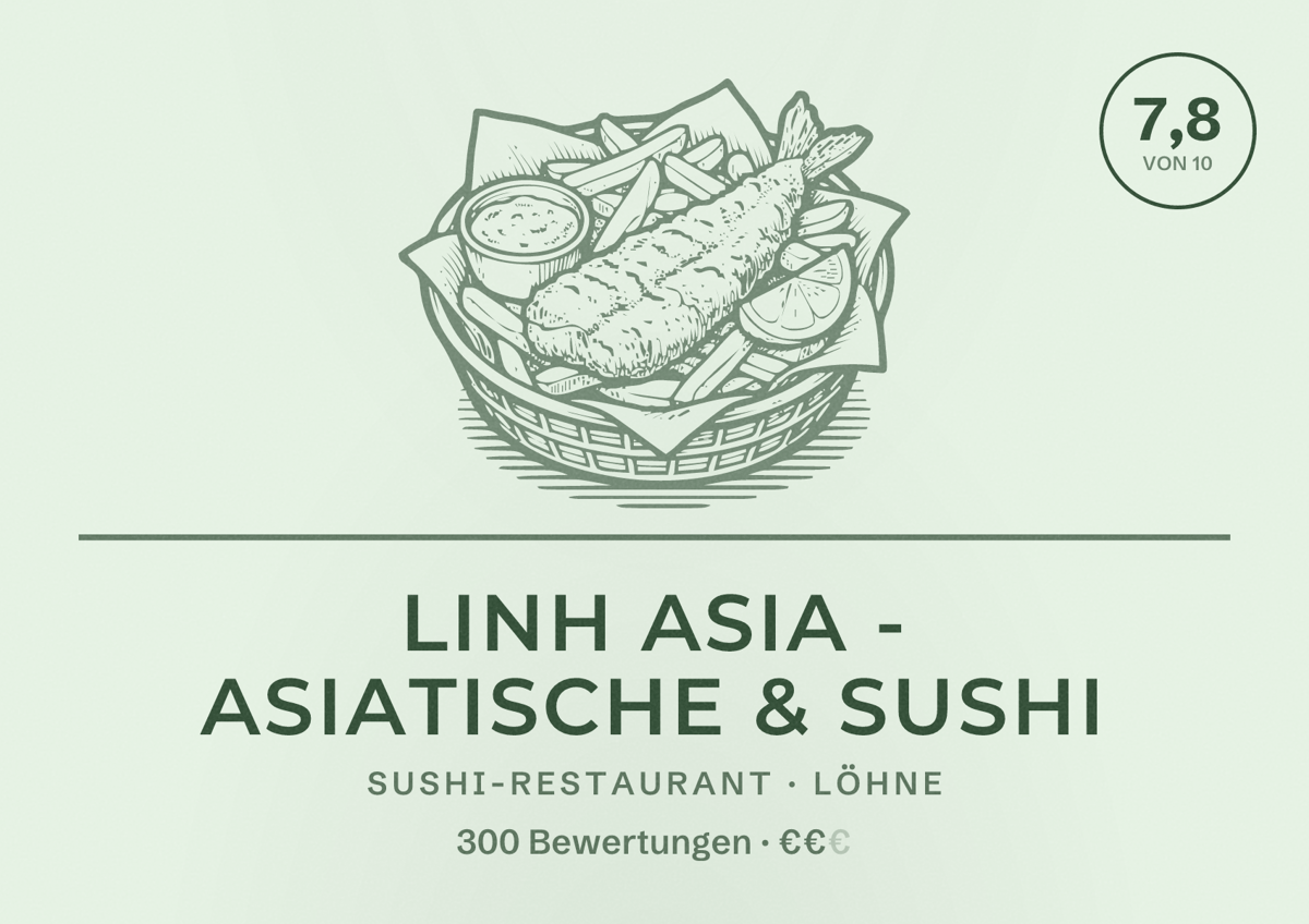 Illustriertes Poster von Linh Asia - Asiatische & Sushi, Sushi-Restaurant in Löhne: Bewertung 7,8 von 10 aus 300 Bewertungen, Preisniveau €€