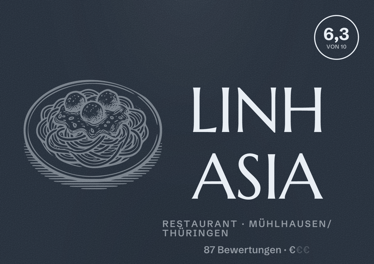 Illustriertes Poster von LINH ASIA, Restaurant in Mühlhausen/Thüringen: Bewertung 6,3 von 10 aus 87 Bewertungen, Preisniveau €
