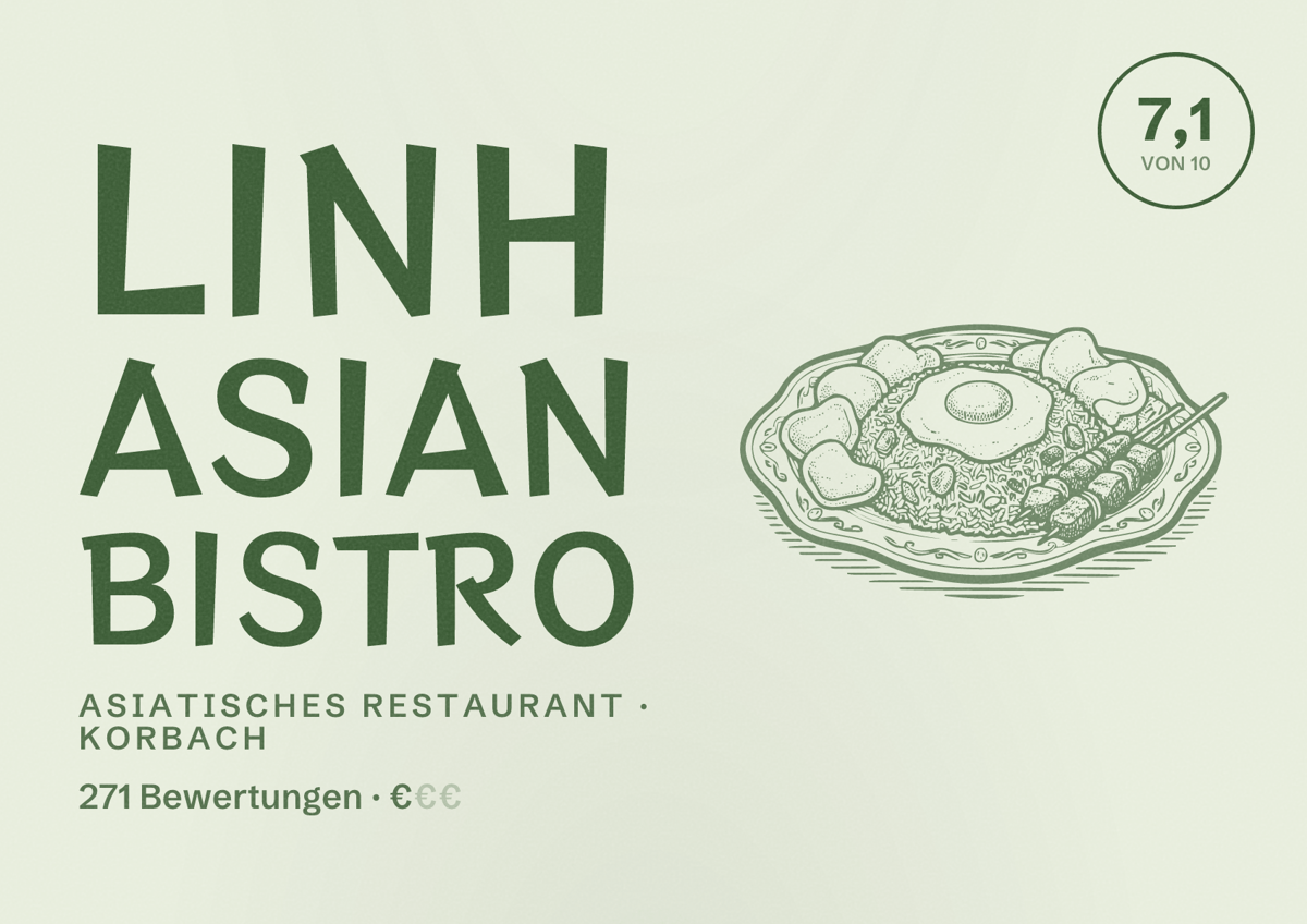 Illustriertes Poster von Linh Asian Bistro, Asiatisches Restaurant in Korbach: Bewertung 7,1 von 10 aus 271 Bewertungen, Preisniveau €