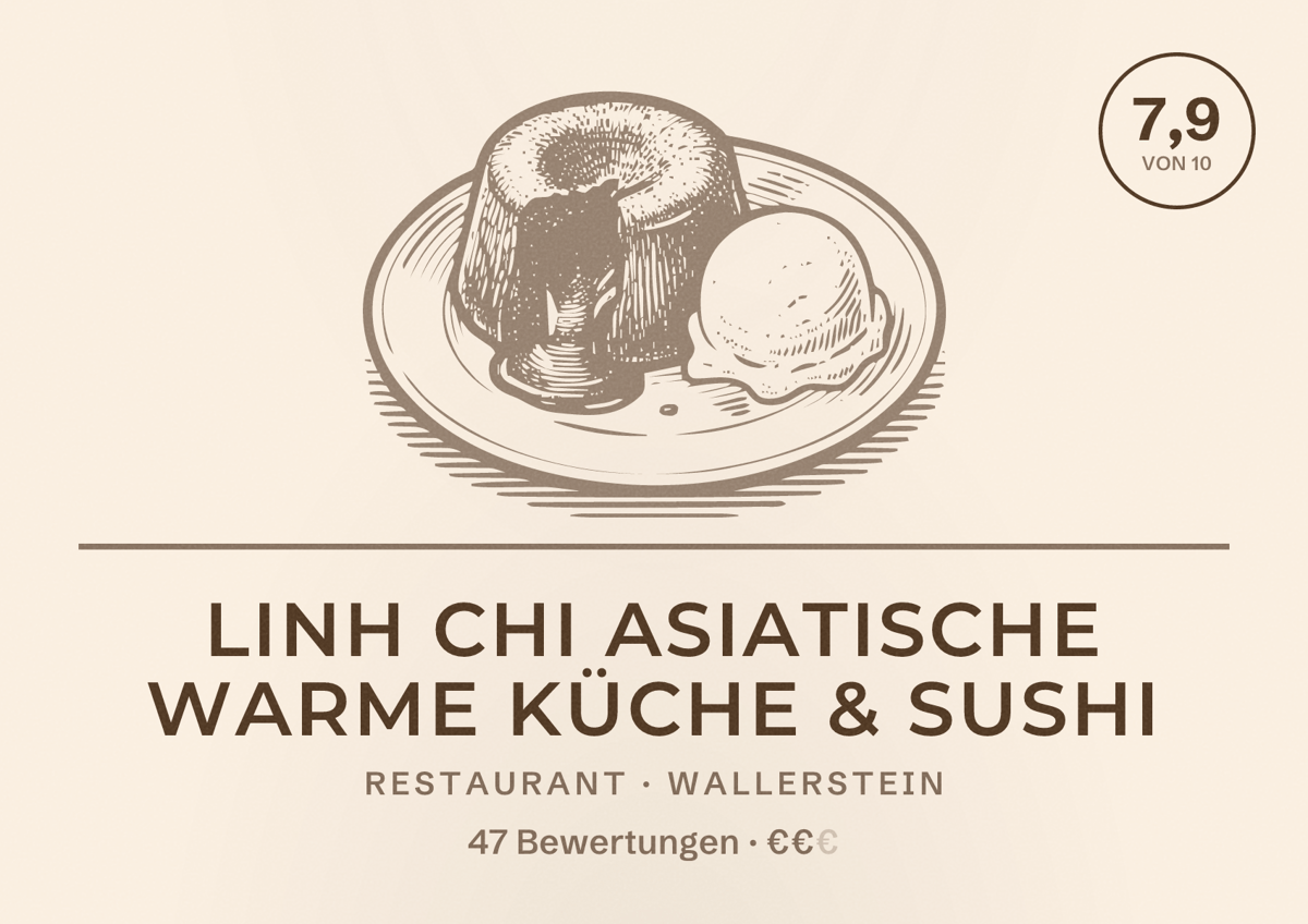 Illustriertes Poster von LINH CHI asiatische warme küche & sushi, Restaurant in Wallerstein: Bewertung 7,9 von 10 aus 47 Bewertungen, Preisniveau €€