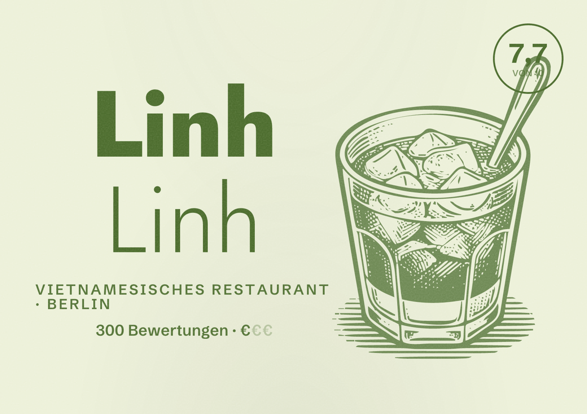Illustriertes Poster von Linh Linh, Vietnamesisches Restaurant in Berlin: Bewertung 7,7 von 10 aus 300 Bewertungen, Preisniveau €