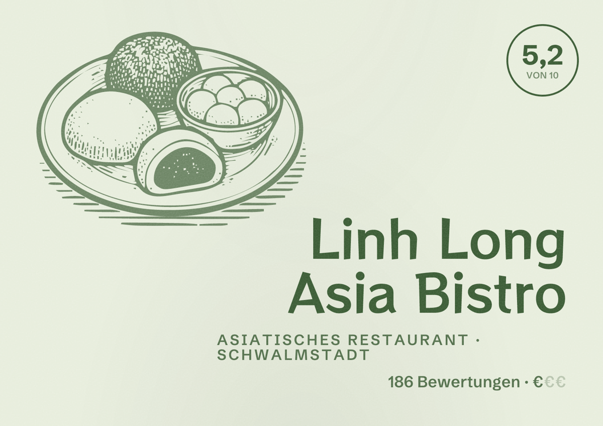 Illustriertes Poster von Linh Long Asia Bistro, Asiatisches Restaurant in Schwalmstadt: Bewertung 5,2 von 10 aus 186 Bewertungen, Preisniveau €