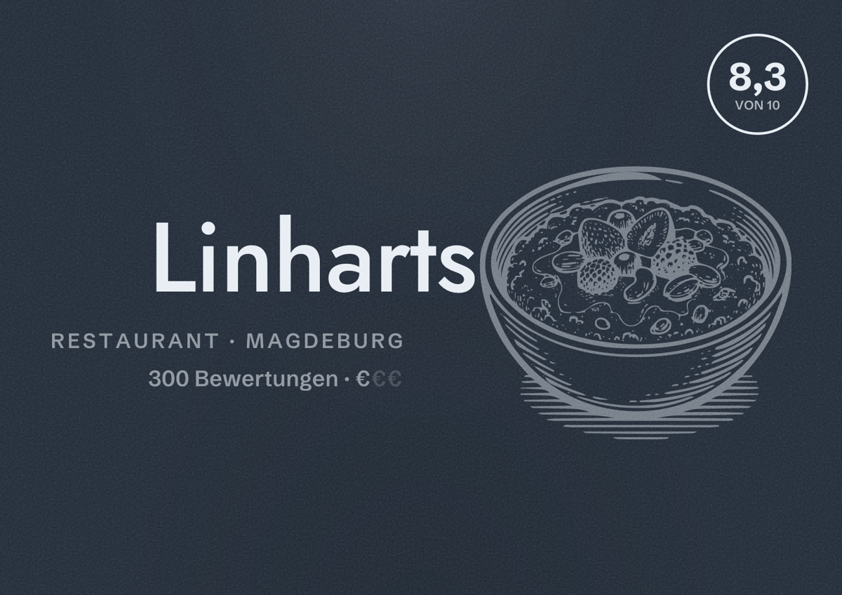 Illustriertes Poster von Linharts, Restaurant in Magdeburg: Bewertung 8,3 von 10 aus 300 Bewertungen, Preisniveau €