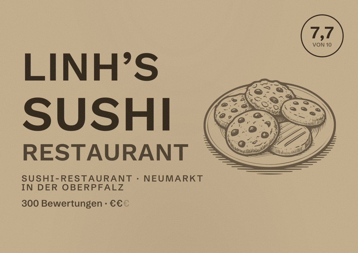 Illustriertes Poster von Linh’s Sushi Restaurant, Sushi-Restaurant in Neumarkt in der Oberpfalz: Bewertung 7,7 von 10 aus 300 Bewertungen, Preisniveau €€