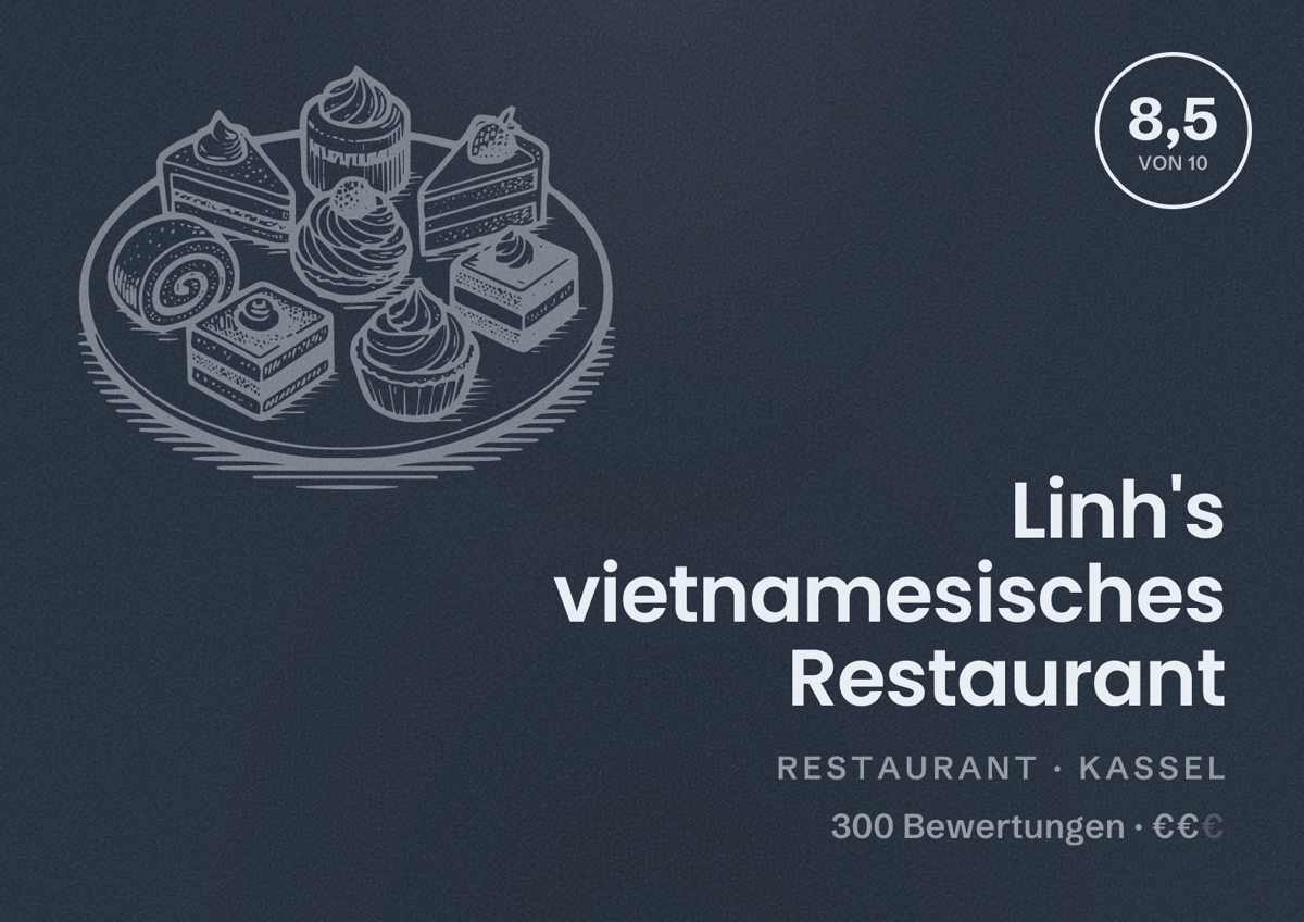 Illustriertes Poster von Linh's vietnamesisches Restaurant, Restaurant in Kassel: Bewertung 8,5 von 10 aus 300 Bewertungen, Preisniveau €€