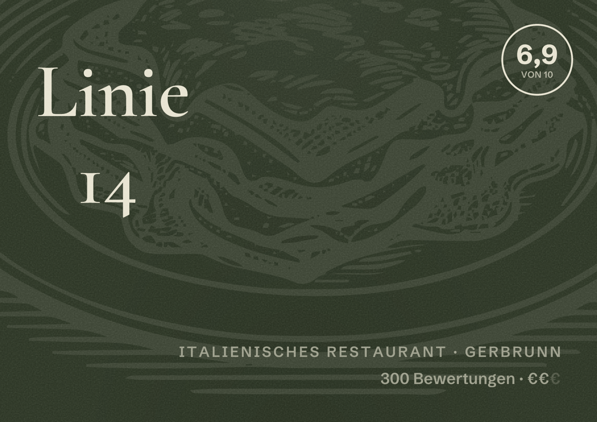 Illustriertes Poster von Linie 14, Italienisches Restaurant in Gerbrunn: Bewertung 6,9 von 10 aus 300 Bewertungen, Preisniveau €€