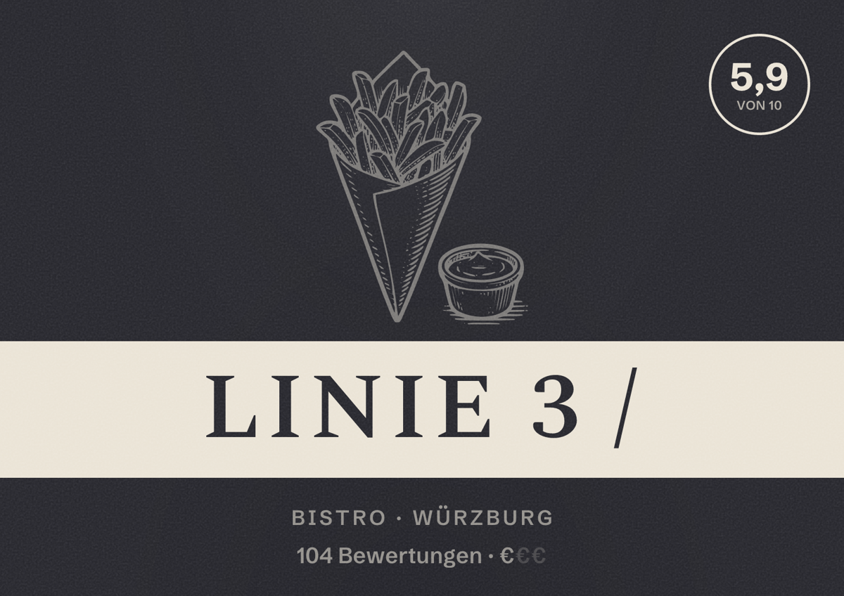 Illustriertes Poster von Linie 3 /, Bistro in Würzburg: Bewertung 5,9 von 10 aus 104 Bewertungen, Preisniveau €