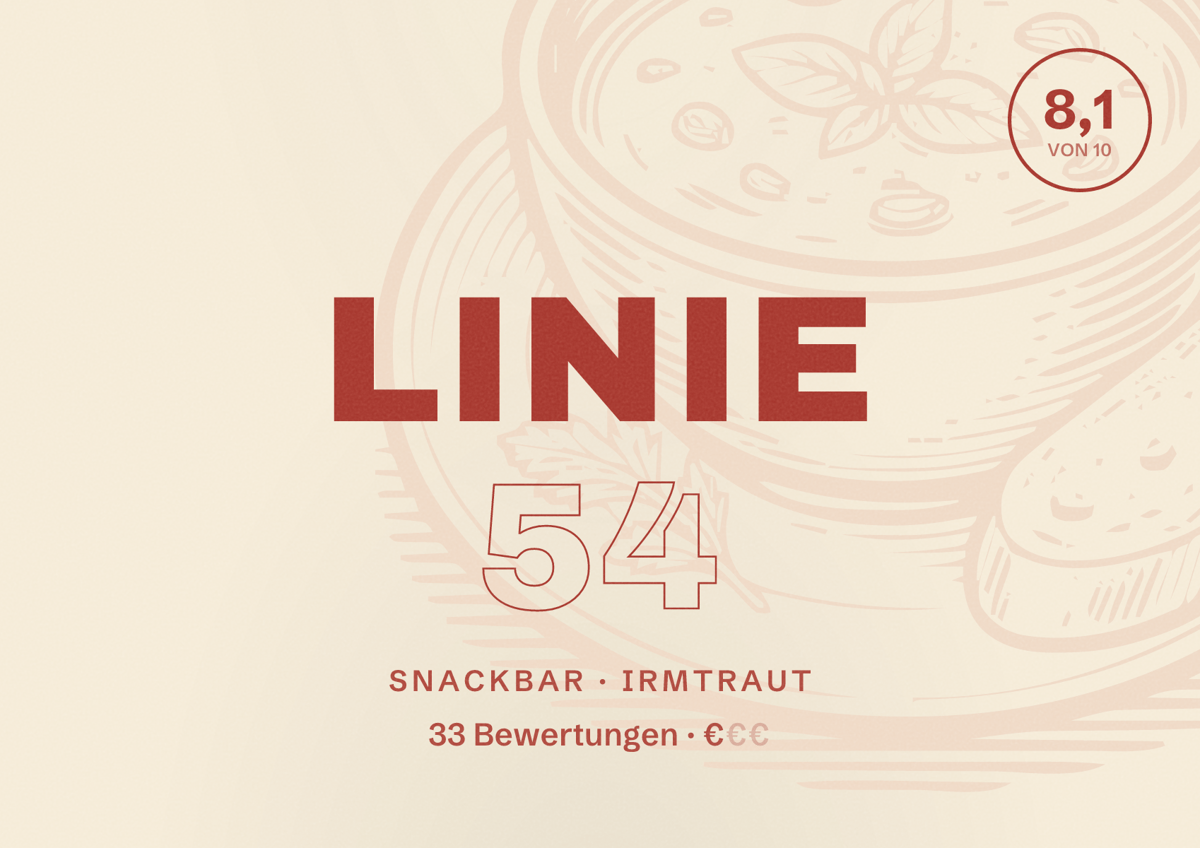 Illustriertes Poster von Linie 54, Snackbar in Irmtraut: Bewertung 8,1 von 10 aus 33 Bewertungen, Preisniveau €