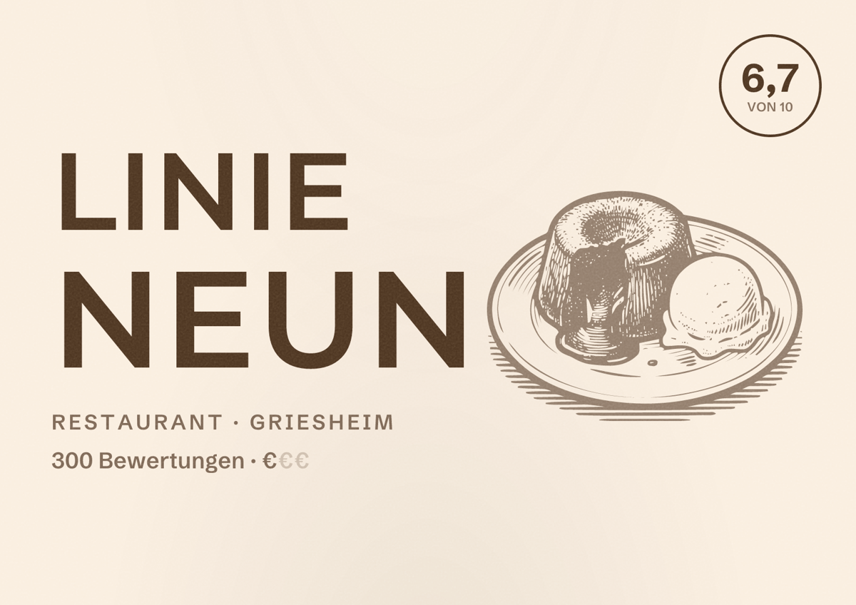 Illustriertes Poster von Linie Neun, Restaurant in Griesheim: Bewertung 6,7 von 10 aus 300 Bewertungen, Preisniveau €