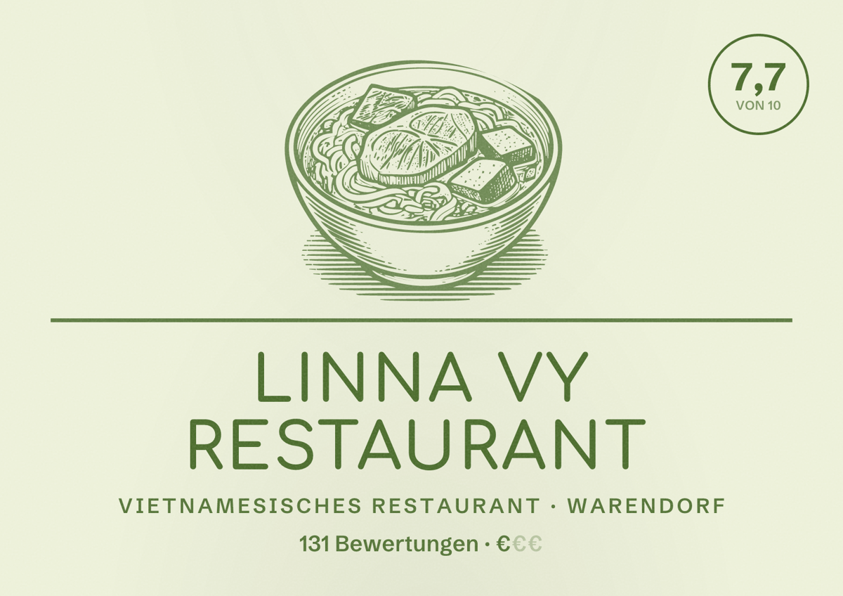 Illustriertes Poster von LINNA VY RESTAURANT, Vietnamesisches Restaurant in Warendorf: Bewertung 7,7 von 10 aus 131 Bewertungen, Preisniveau €