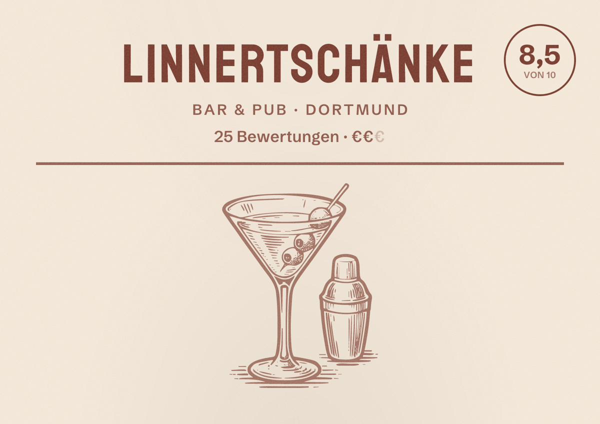 Illustriertes Poster von Linnertschänke, Bar & Pub in Dortmund: Bewertung 8,5 von 10 aus 25 Bewertungen, Preisniveau €€