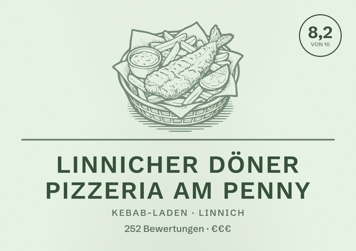 Illustriertes Poster von Linnicher Döner Pizzeria am Penny, Kebab-Laden in Linnich: Bewertung 8,2 von 10 aus 252 Bewertungen, Preisniveau €€€