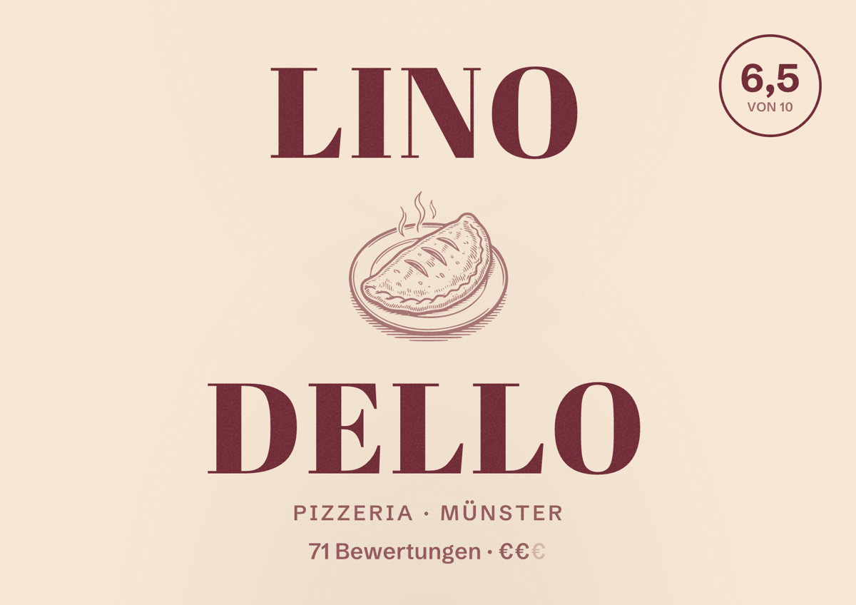 Illustriertes Poster von Lino Dello, Pizzeria in Münster: Bewertung 6,5 von 10 aus 71 Bewertungen, Preisniveau €€