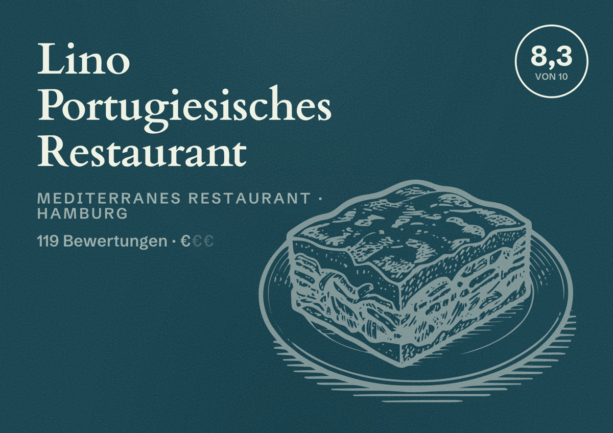 Illustriertes Poster von Lino Portugiesisches Restaurant, Mediterranes Restaurant in Hamburg: Bewertung 8,3 von 10 aus 119 Bewertungen, Preisniveau €