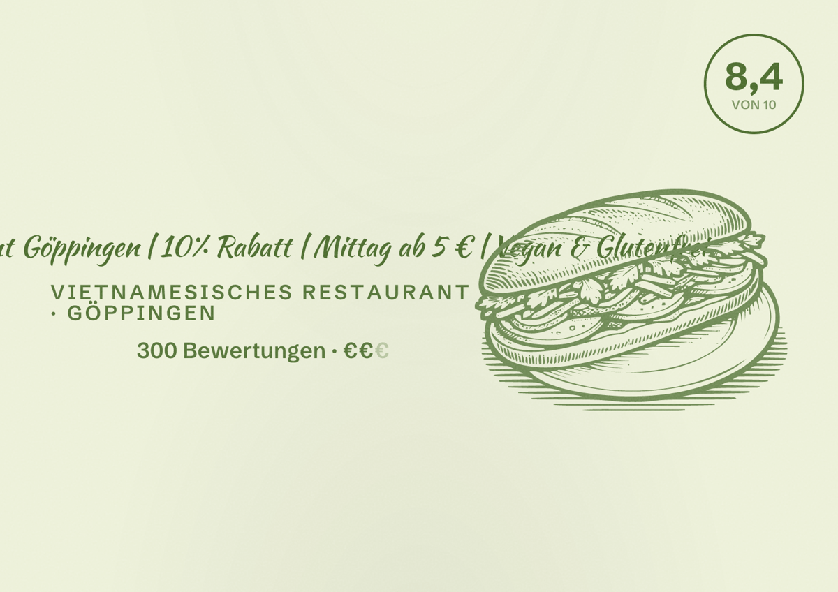 Illustriertes Poster von LINO Restaurant Göppingen | 10% Rabatt | Mittag ab 5 € | Vegan & Glutenfrei, Vietnamesisches Restaurant in Göppingen: Bewertung 8,4 von 10 aus 300 Bewertungen, Preisniveau €€