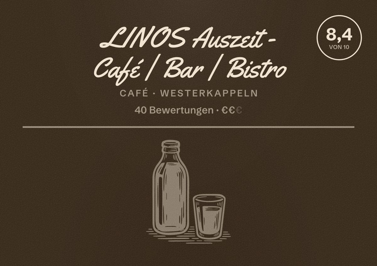 Illustriertes Poster von LINOS Auszeit - Café | Bar | Bistro, Café in Westerkappeln: Bewertung 8,4 von 10 aus 40 Bewertungen, Preisniveau €€
