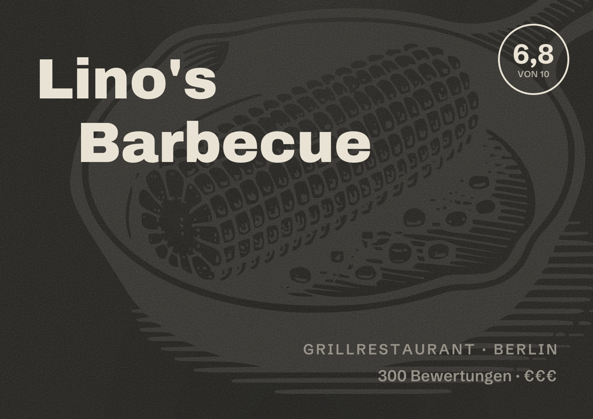 Illustriertes Poster von Lino's Barbecue, Grillrestaurant in Berlin: Bewertung 6,8 von 10 aus 300 Bewertungen, Preisniveau €€€