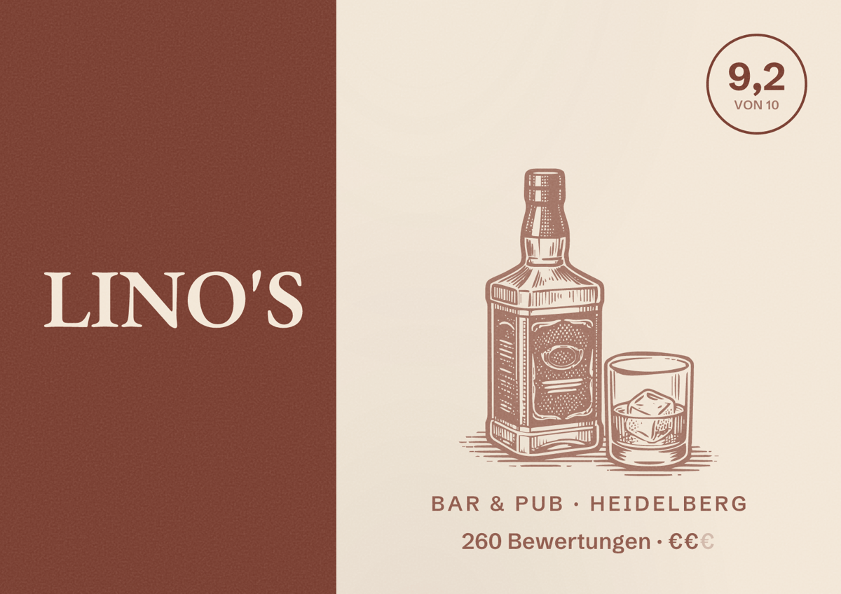 Illustriertes Poster von LINO'S, Bar & Pub in Heidelberg: Gästebewertung 9,2 von 10 aus 260 Bewertungen