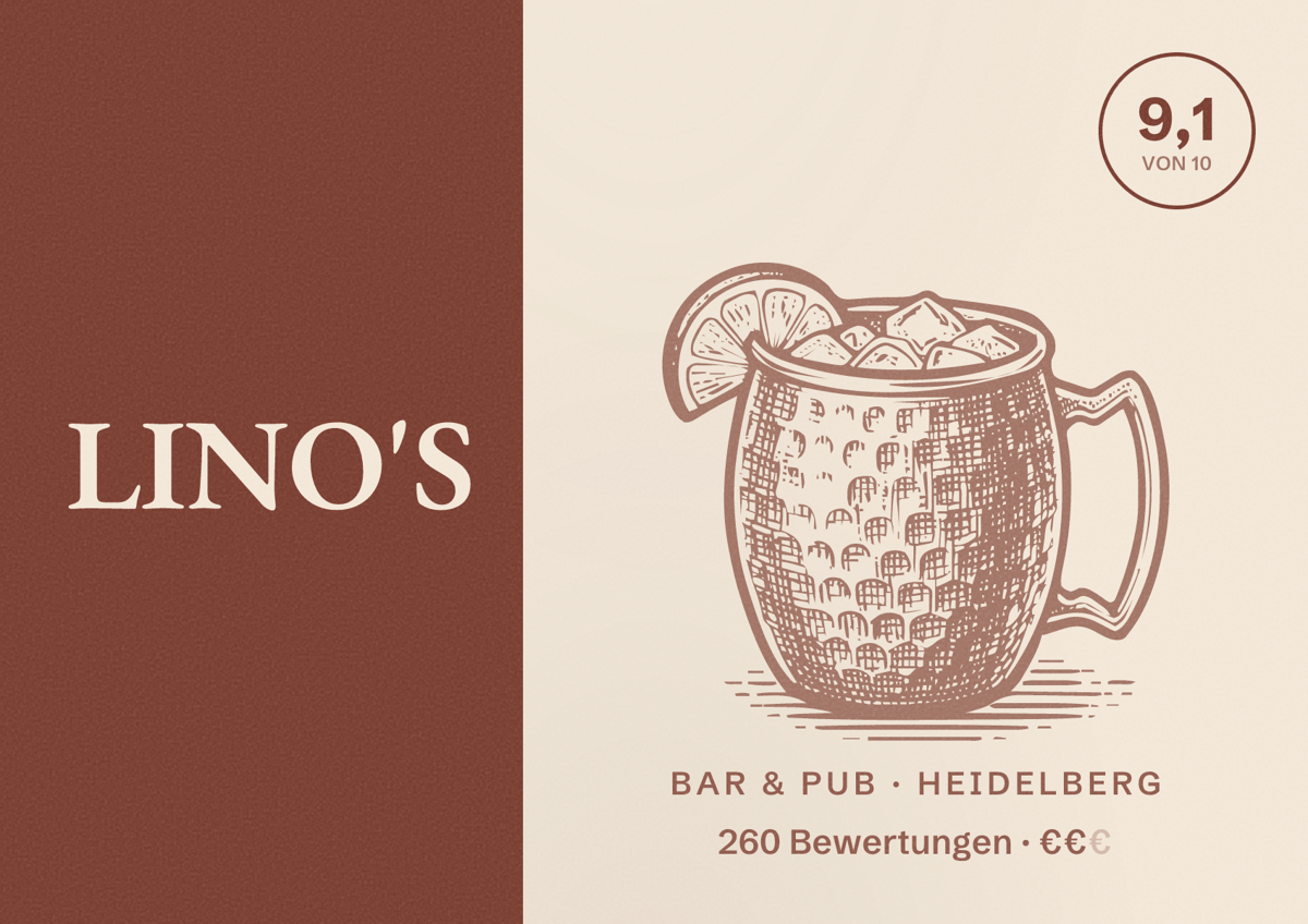 Illustriertes Poster von LINO'S, Bar & Pub in Heidelberg: Bewertung 9,1 von 10 aus 260 Bewertungen, Preisniveau €€