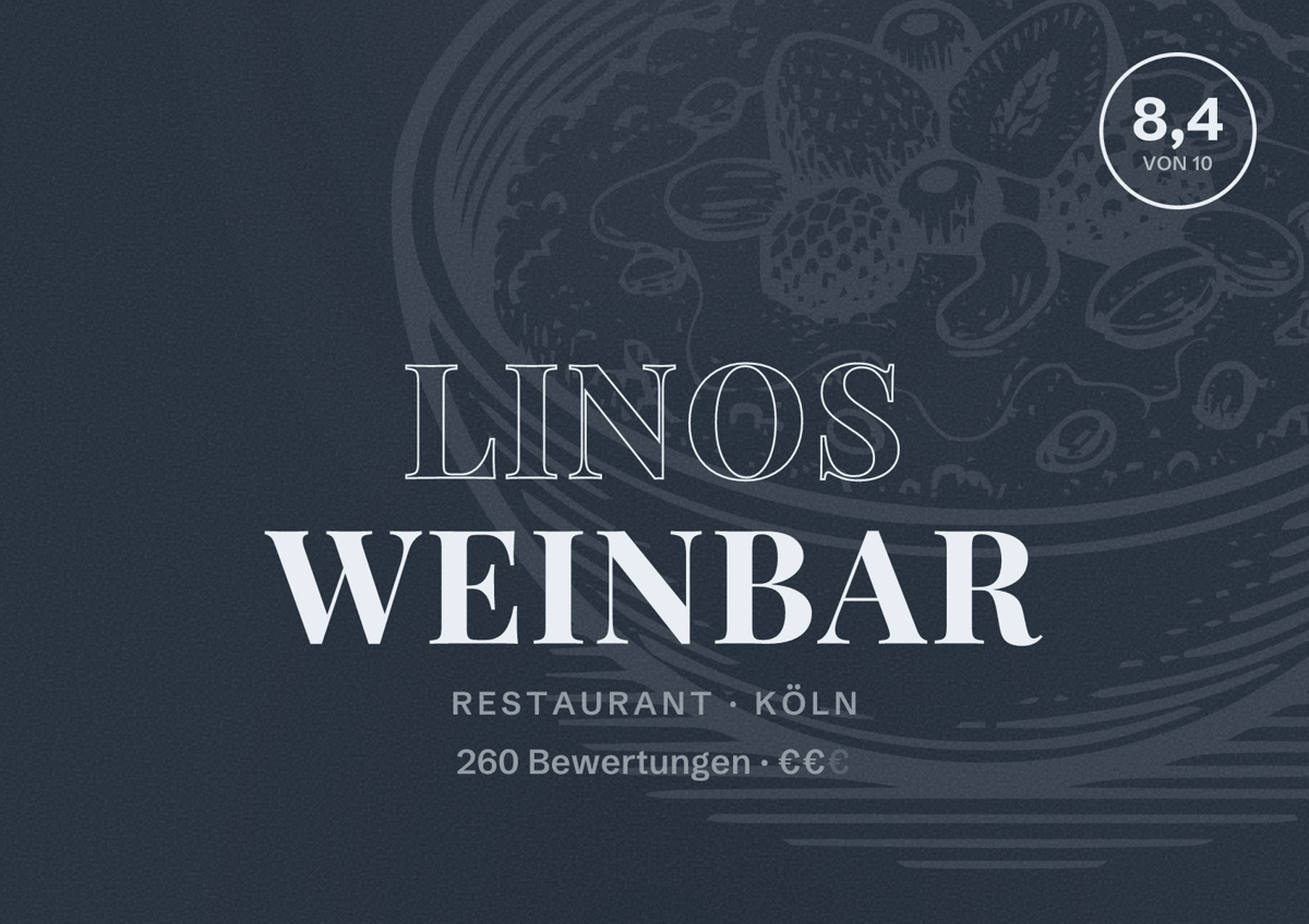 Illustriertes Poster von Linos Weinbar, Restaurant in Köln: Bewertung 8,4 von 10 aus 260 Bewertungen, Preisniveau €€