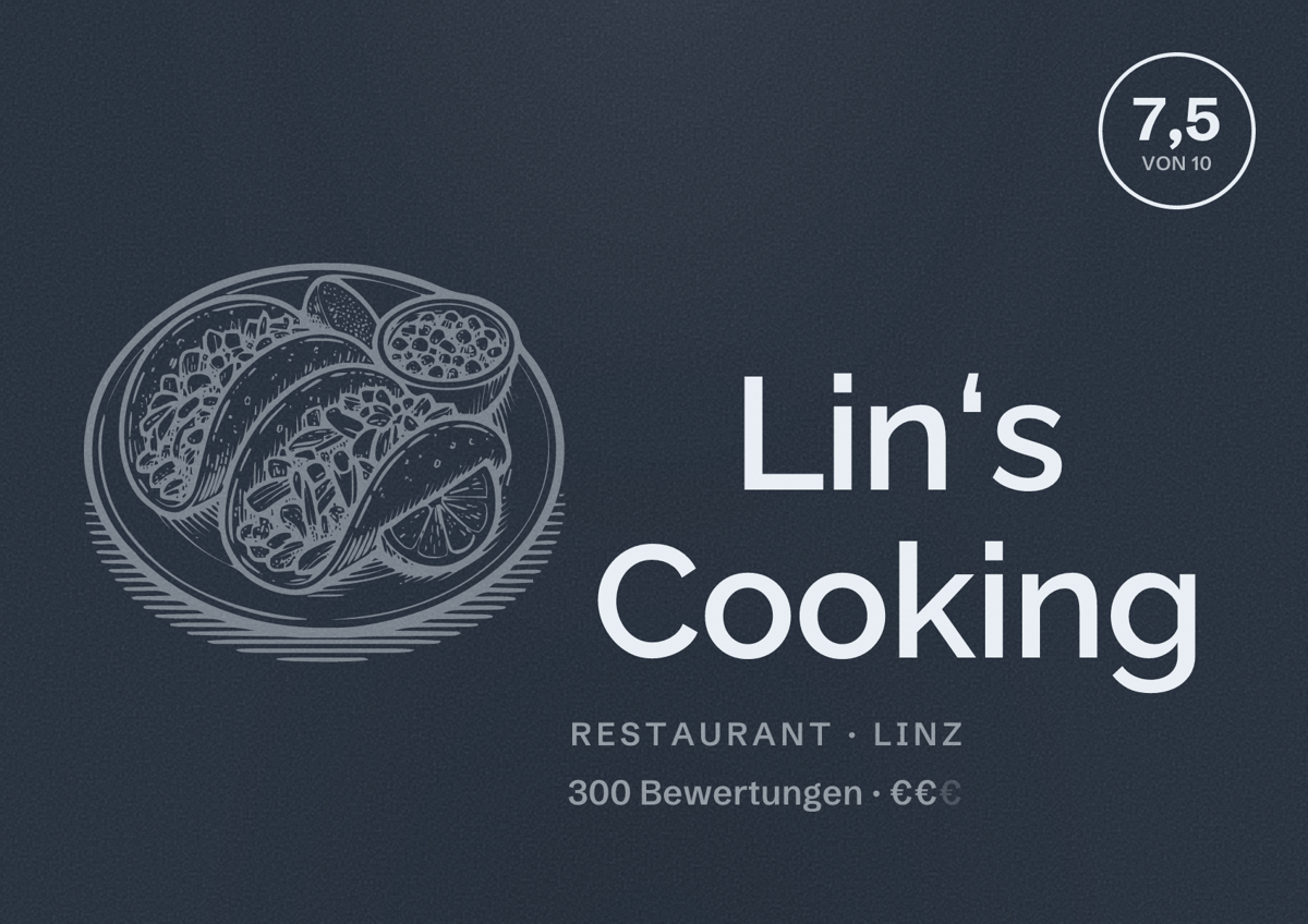 Illustriertes Poster von Lin‘s Cooking, Restaurant in Linz: Bewertung 7,5 von 10 aus 300 Bewertungen, Preisniveau €€