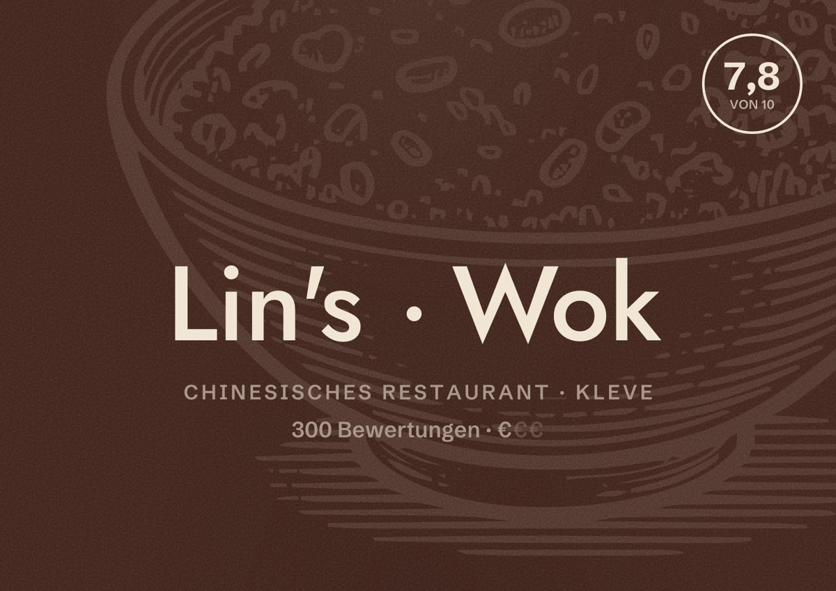 Illustriertes Poster von Lin's Wok, Chinesisches Restaurant in Kleve: Bewertung 7,8 von 10 aus 300 Bewertungen, Preisniveau €