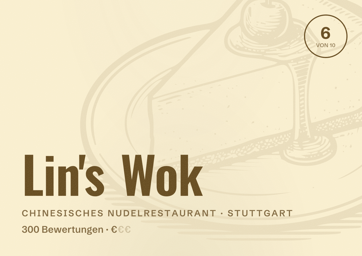 Illustriertes Poster von Lin's Wok, Chinesisches Nudelrestaurant in Stuttgart: Bewertung 6,0 von 10 aus 300 Bewertungen, Preisniveau €