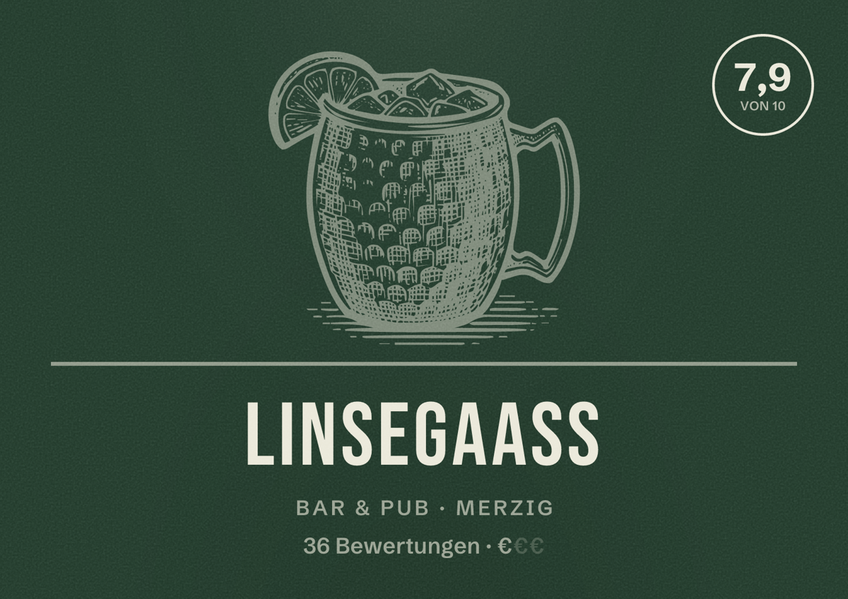 Illustriertes Poster von Linsegaaß, Bar & Pub in Merzig: Bewertung 7,9 von 10 aus 36 Bewertungen, Preisniveau €