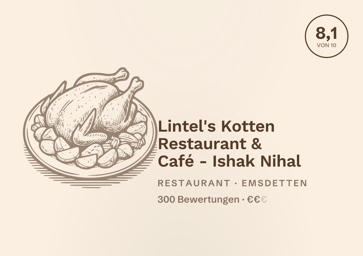 Illustriertes Poster von Lintel's Kotten Restaurant & Café - Ishak Nihal, Restaurant in Emsdetten: Bewertung 8,1 von 10 aus 300 Bewertungen, Preisniveau €€
