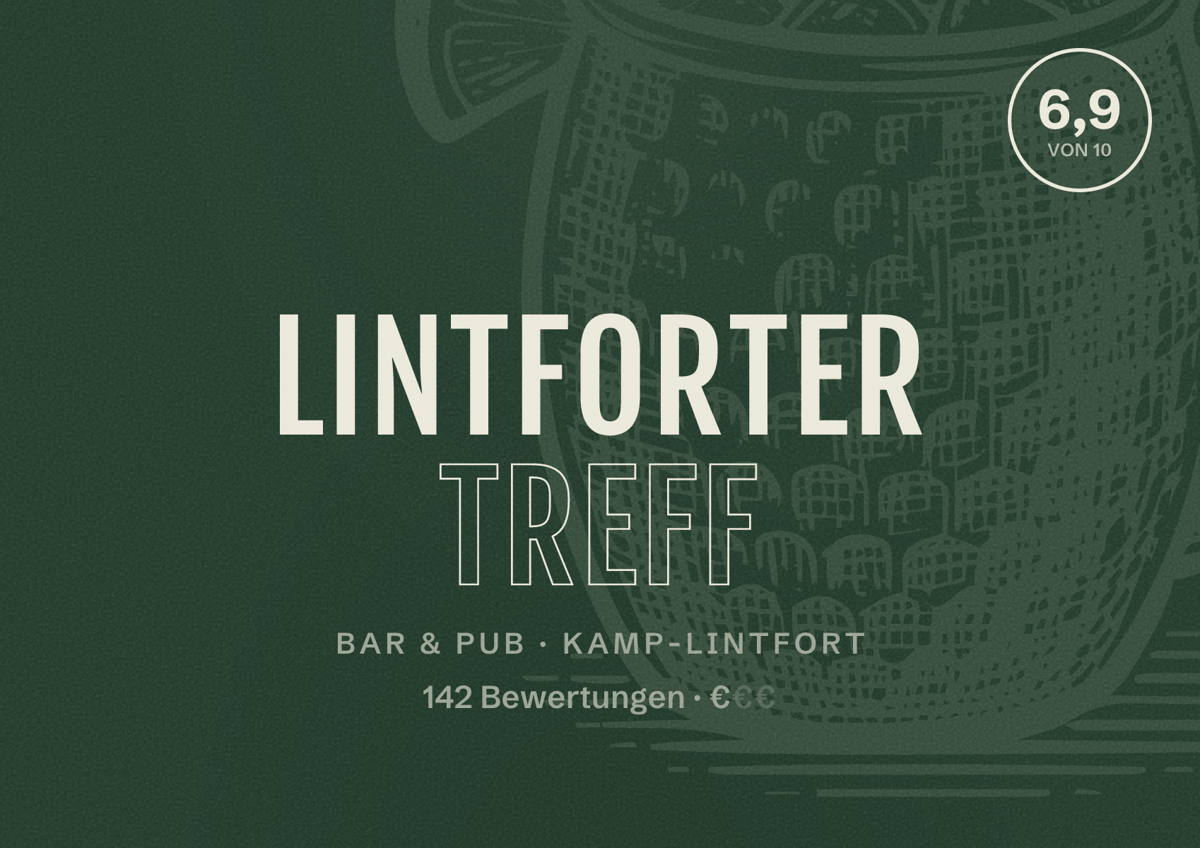 Illustriertes Poster von Lintforter Treff, Bar & Pub in Kamp-Lintfort: Bewertung 6,9 von 10 aus 142 Bewertungen, Preisniveau €