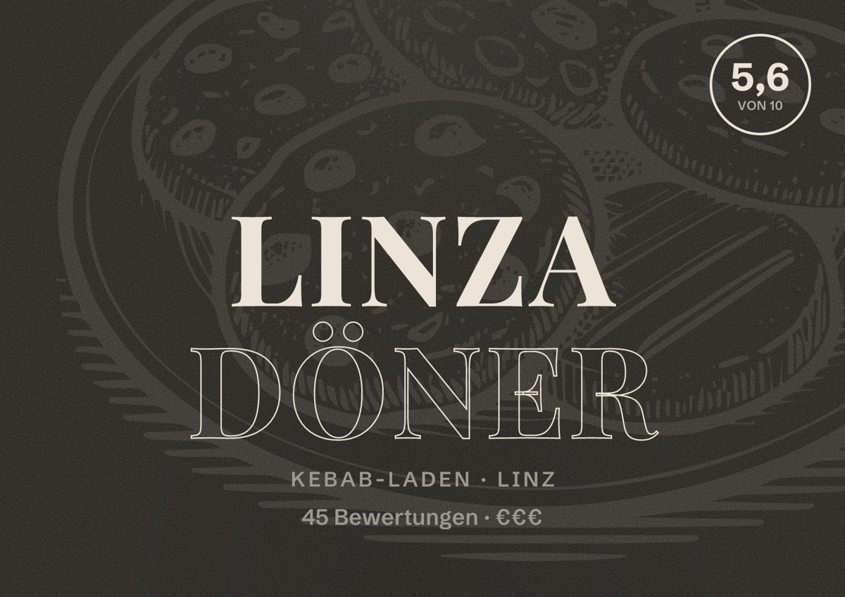 Illustriertes Poster von Linza Döner, Kebab-Laden in Linz: Bewertung 5,6 von 10 aus 45 Bewertungen, Preisniveau €€€