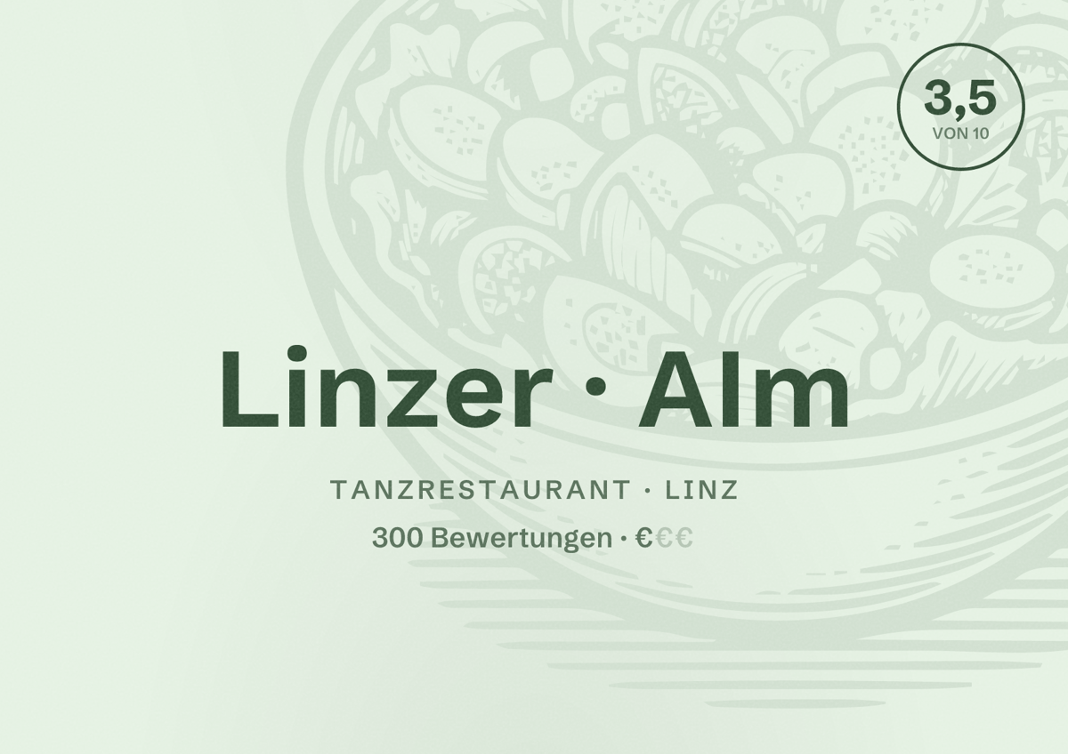 Illustriertes Poster von Linzer AIm, Tanzrestaurant in Linz: Bewertung 3,5 von 10 aus 300 Bewertungen, Preisniveau €