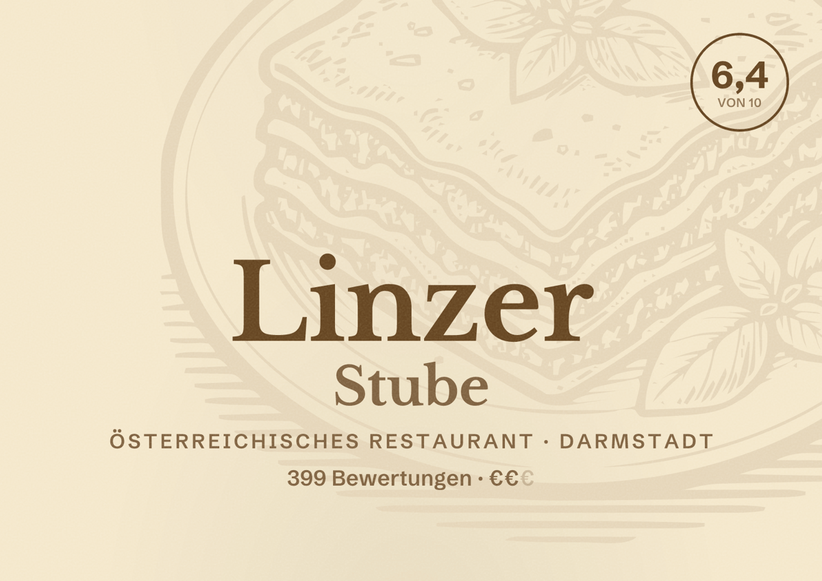 Illustriertes Poster von Linzer Stube, Österreichisches Restaurant in Darmstadt: Bewertung 6,4 von 10 aus 399 Bewertungen, Preisniveau €€