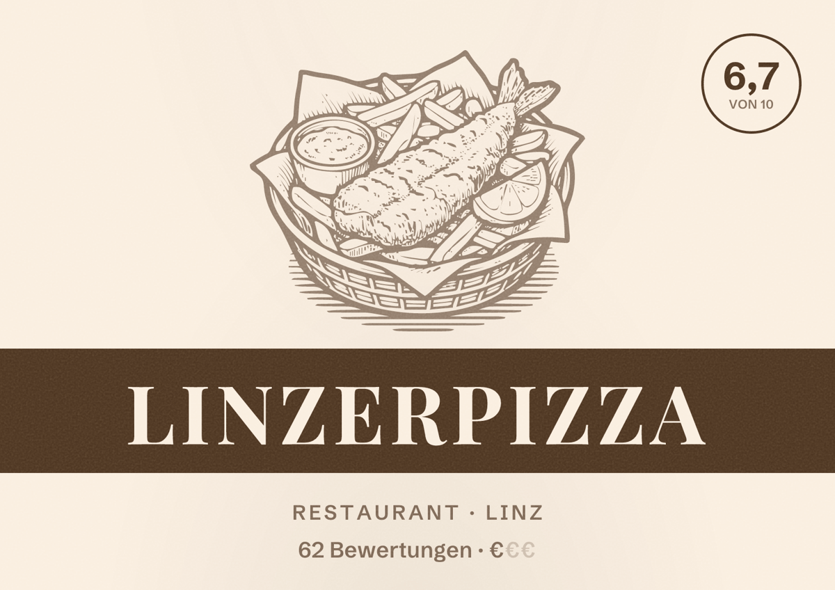Illustriertes Poster von LinzerPizza, Restaurant in Linz: Bewertung 6,7 von 10 aus 62 Bewertungen, Preisniveau €