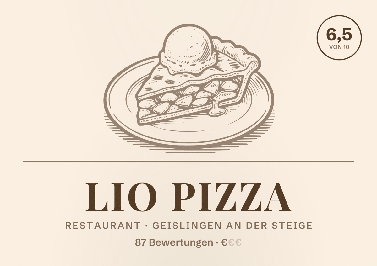Illustriertes Poster von LIO Pizza, Restaurant in Geislingen an der Steige: Bewertung 6,5 von 10 aus 87 Bewertungen, Preisniveau €