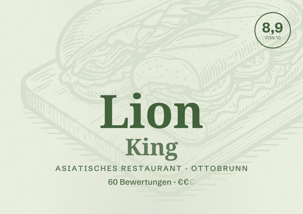Illustriertes Poster von Lion King, Asiatisches Restaurant in Ottobrunn: Bewertung 8,9 von 10 aus 60 Bewertungen, Preisniveau €€