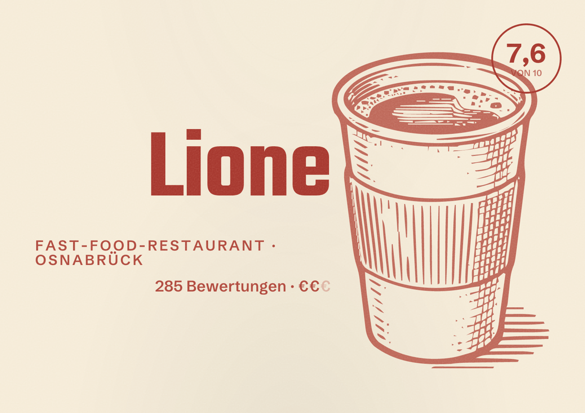 Illustriertes Poster von Lione, Fast-Food-Restaurant in Osnabrück: Bewertung 7,6 von 10 aus 285 Bewertungen, Preisniveau €€