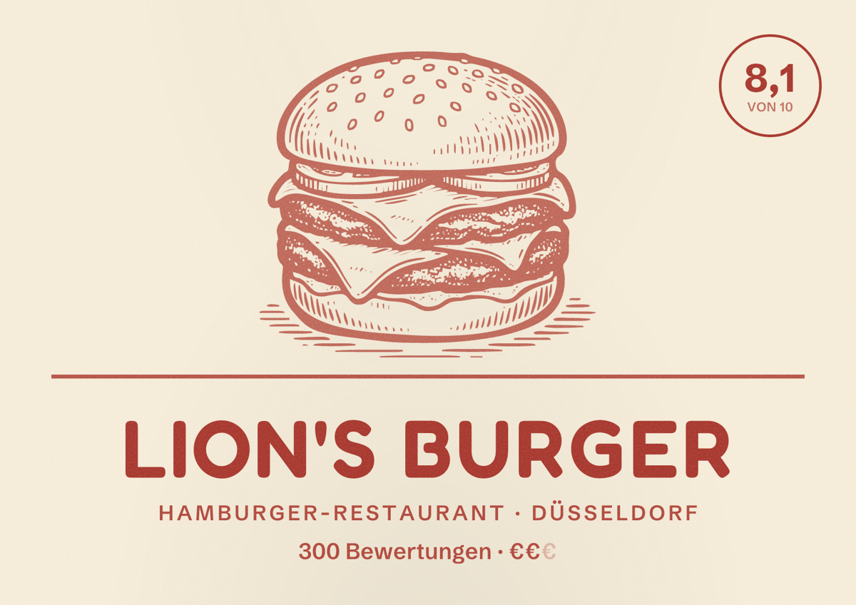 Illustriertes Poster von Lion's Burger, Hamburger-Restaurant in Düsseldorf: Bewertung 8,1 von 10 aus 300 Bewertungen, Preisniveau €€