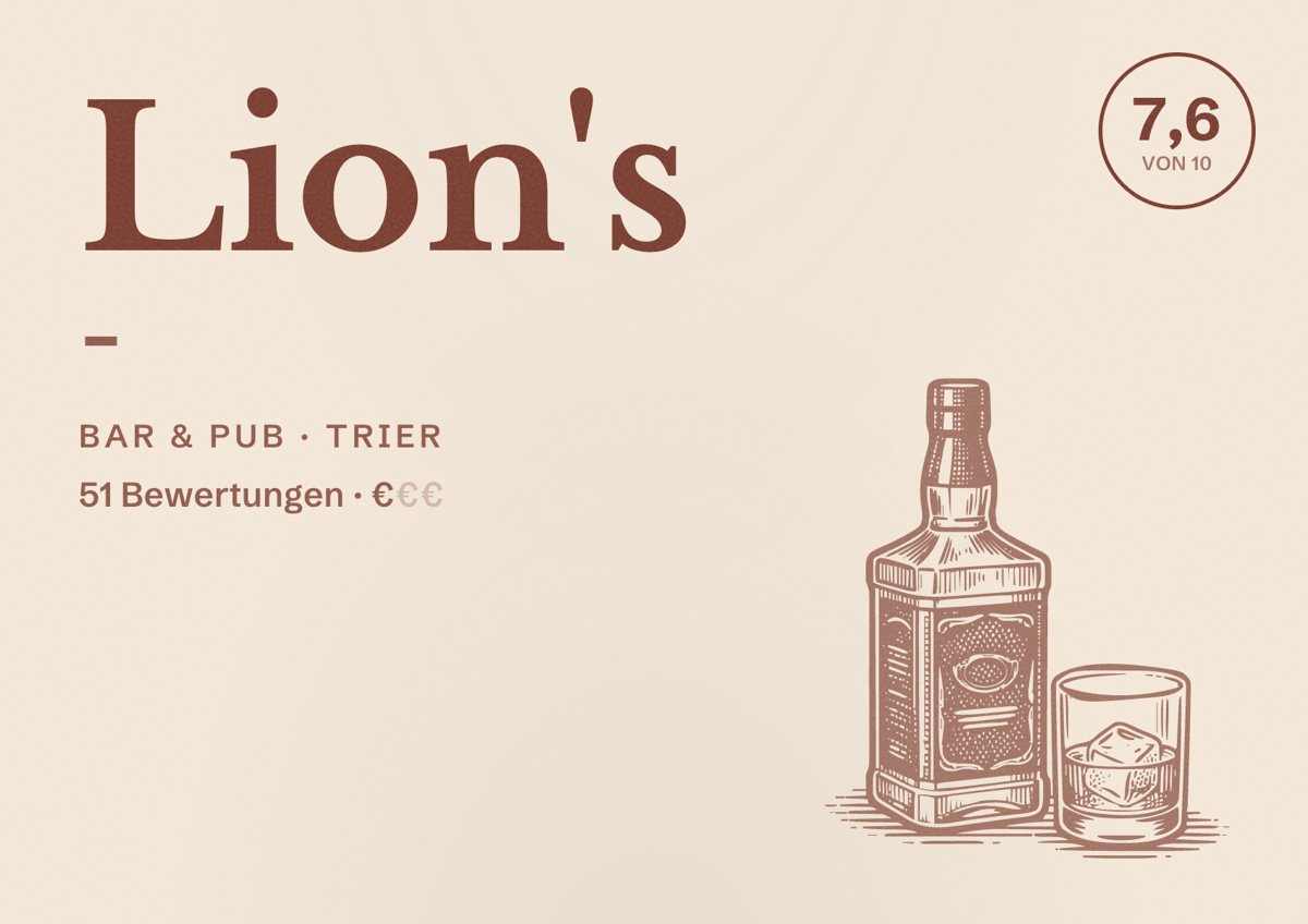 Illustriertes Poster von Lion's -, Bar & Pub in Trier: Bewertung 7,6 von 10 aus 51 Bewertungen, Preisniveau €