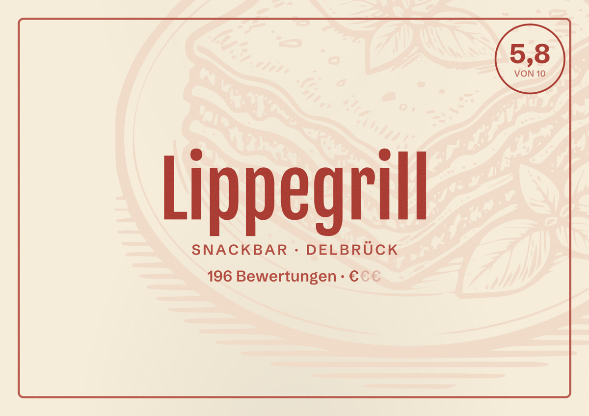 Illustriertes Poster von Lippegrill, Snackbar in Delbrück: Bewertung 5,8 von 10 aus 196 Bewertungen, Preisniveau €