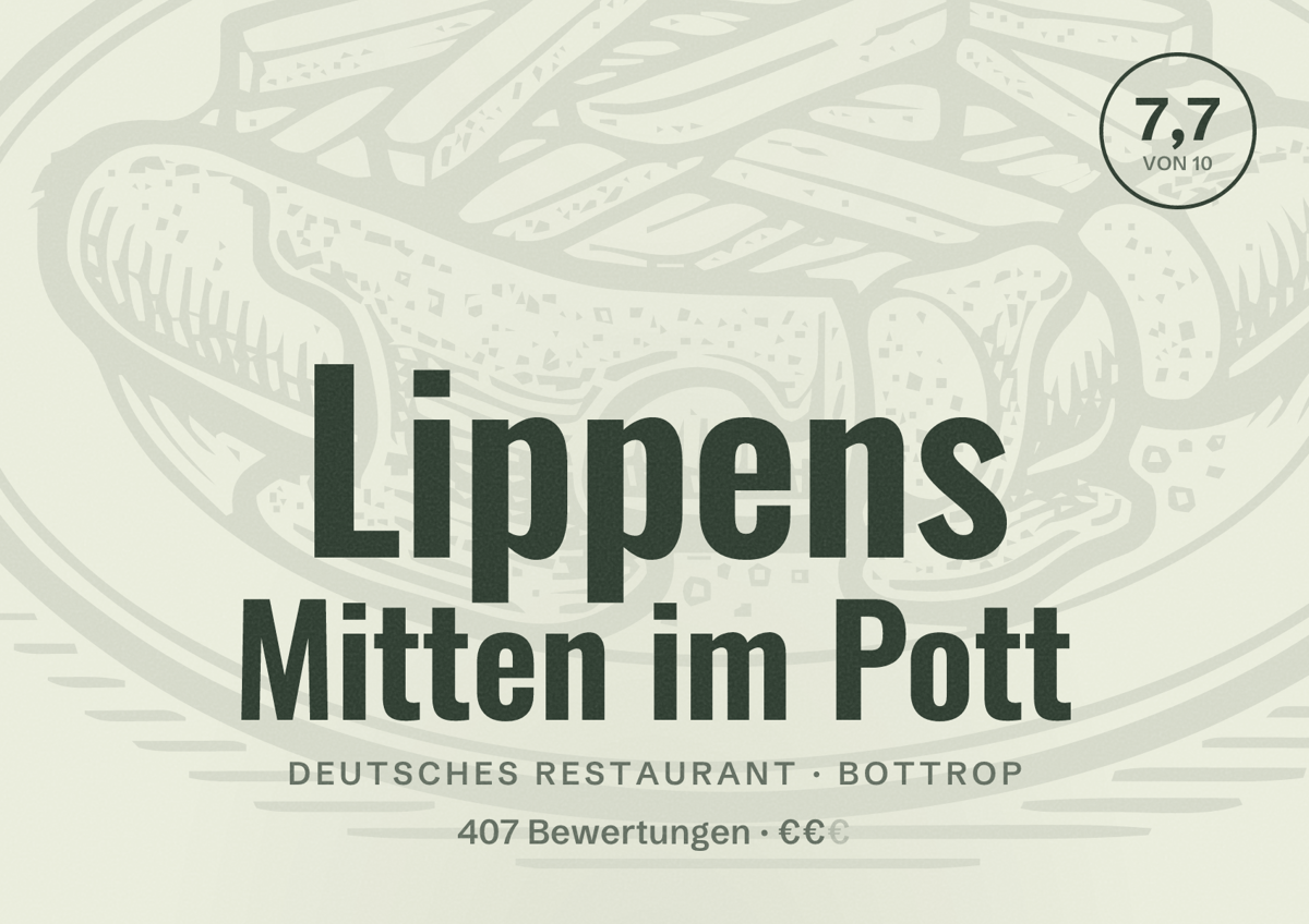 Illustriertes Poster von Lippens Mitten im Pott, Deutsches Restaurant in Bottrop: Bewertung 7,7 von 10 aus 407 Bewertungen, Preisniveau €€