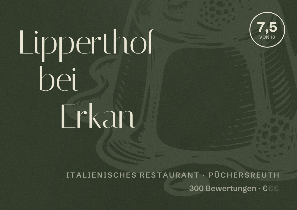 Illustriertes Poster von Lipperthof bei Erkan, Italienisches Restaurant in Püchersreuth: Bewertung 7,5 von 10 aus 300 Bewertungen, Preisniveau €
