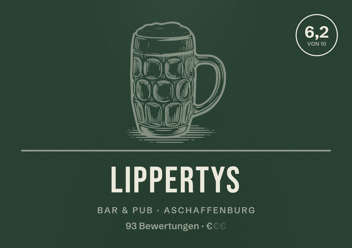 Illustriertes Poster von Lippertys, Bar & Pub in Aschaffenburg: Bewertung 6,2 von 10 aus 93 Bewertungen, Preisniveau €