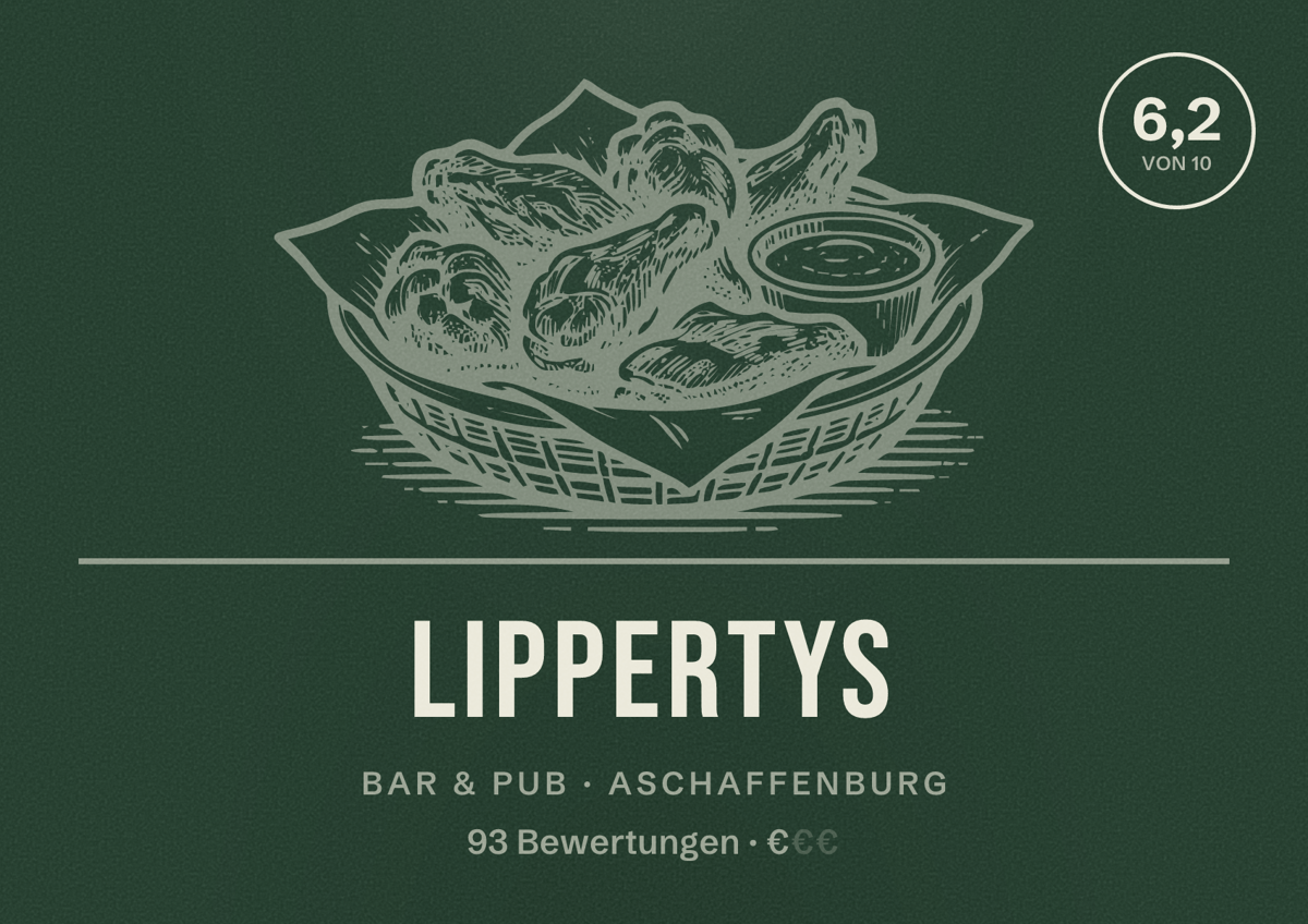 Illustriertes Poster von Lippertys, Bar & Pub in Aschaffenburg: Bewertung 6,2 von 10 aus 93 Bewertungen, Preisniveau €