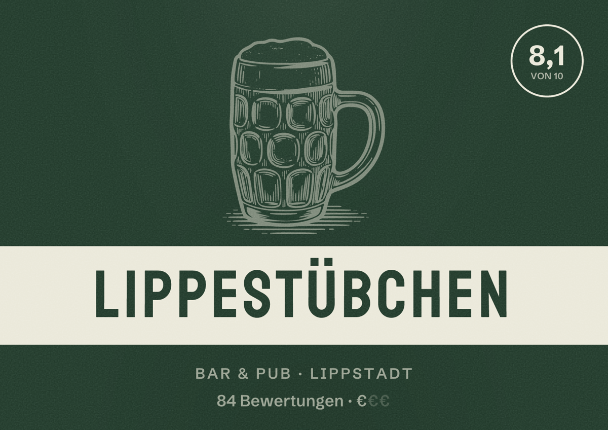 Illustriertes Poster von Lippestübchen, Bar & Pub in Lippstadt: Bewertung 8,1 von 10 aus 84 Bewertungen, Preisniveau €