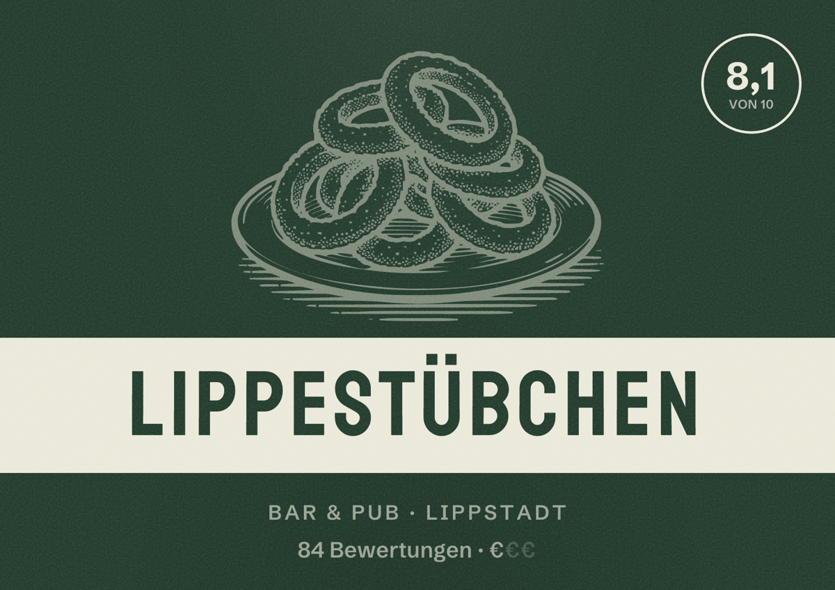 Illustriertes Poster von Lippestübchen, Bar & Pub in Lippstadt: Bewertung 8,1 von 10 aus 84 Bewertungen, Preisniveau €