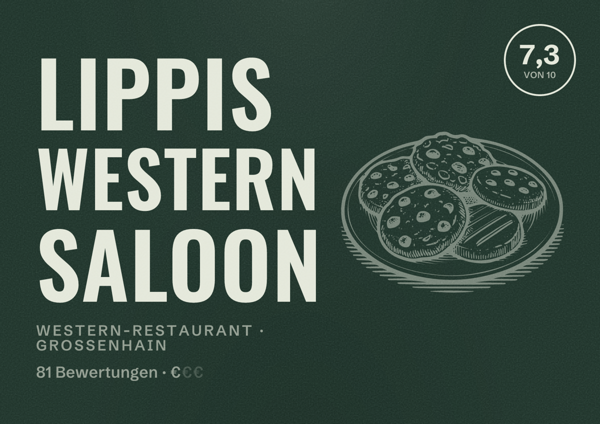 Illustriertes Poster von Lippis Western Saloon, Western-Restaurant in Großenhain: Bewertung 7,3 von 10 aus 81 Bewertungen, Preisniveau €