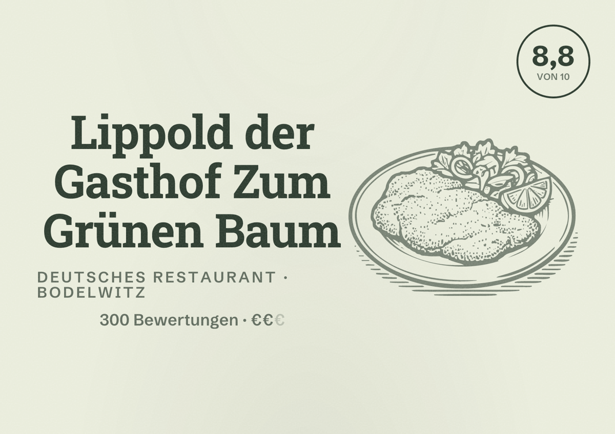 Illustriertes Poster von Lippold der Gasthof Zum Grünen Baum, Deutsches Restaurant in Bodelwitz: Bewertung 8,8 von 10 aus 300 Bewertungen, Preisniveau €€