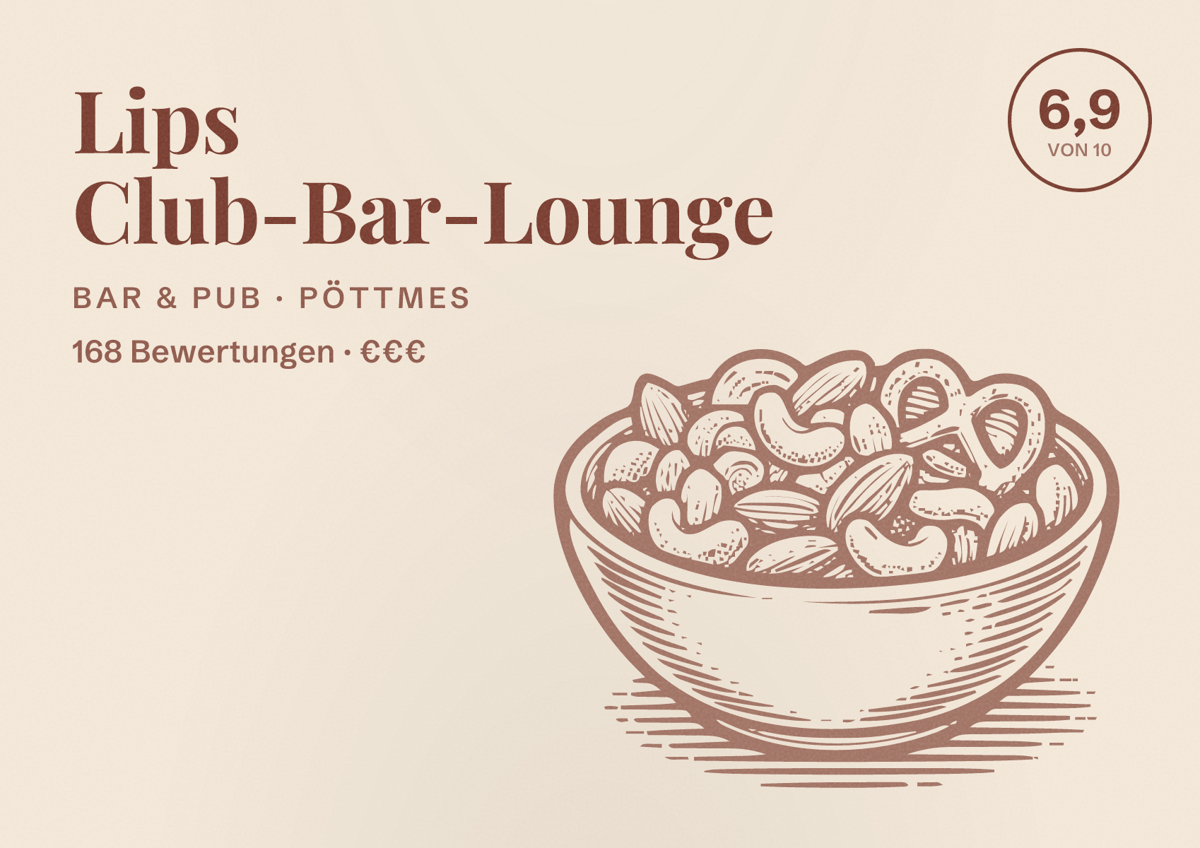 Illustriertes Poster von Lips Club-Bar-Lounge, Bar & Pub in Pöttmes: Bewertung 6,9 von 10 aus 168 Bewertungen, Preisniveau €€€